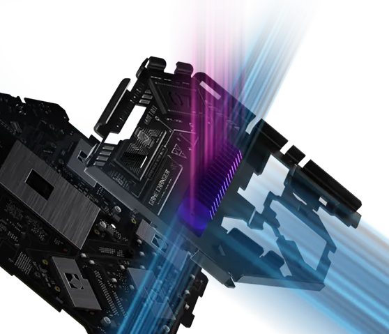 Close-up of ASUS ROG Rapture GT-BE19000AI internal components with heatsink and glowing blue and purple airflow effects