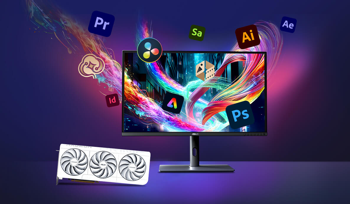 Monitor on a desk, with Adobe product logos floating around the monitor