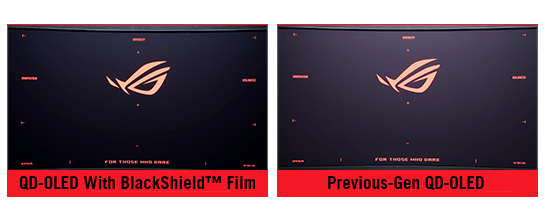 ROG QD-OLED-Panel Vergleich: mit Blackshield-Film werden der wahrgenommene Schwarzwert und die visuelle Leistung verbessert, während "ohne Blackshield-Film" einen violetten Farbton zeigt.
