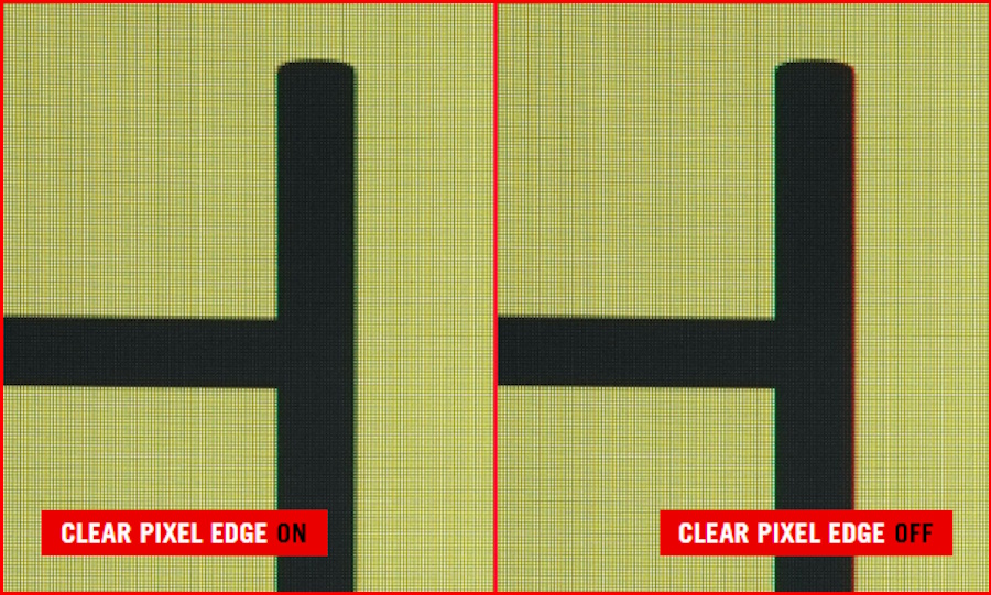 The edges of each letter is clear and crisp. / The edges of each letter shows red and green color fringing.