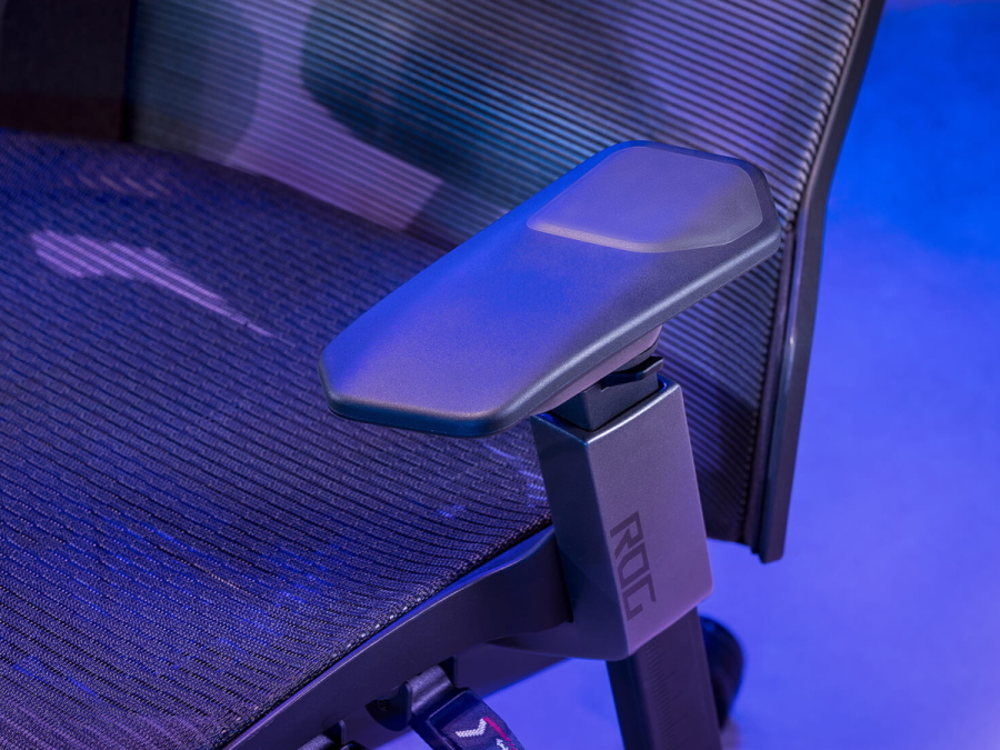 A close-up view of the PU foam material on the armrest of the ROG Destrier Ergo Gaming Chair