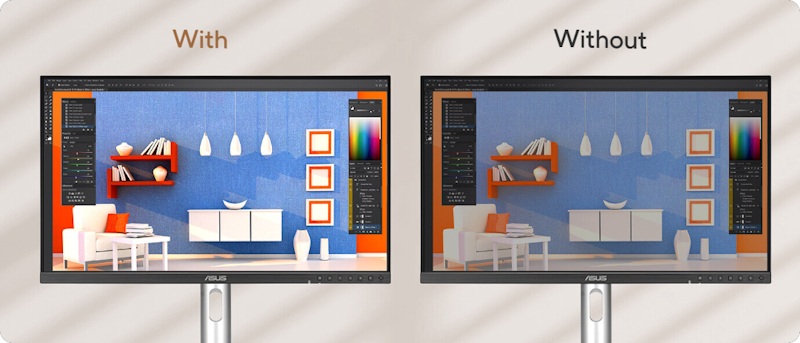 two ProArt monitors demo with and without ambient light sensor.