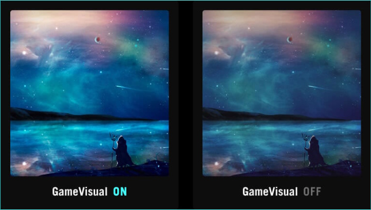 Vibrant image of a person standing on the beach against a beautiful night sky / Identical image of a person standing on the beach against a beautiful night sky, with less vivid color