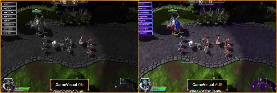Der Monitor mit Moba-Modus verbessert die Sichtbarkeit der Gesundheits- und Mana-Leiste. Ohne Moba-Modus werden die Gesundheitsbalken in Standardfarben angezeigt.