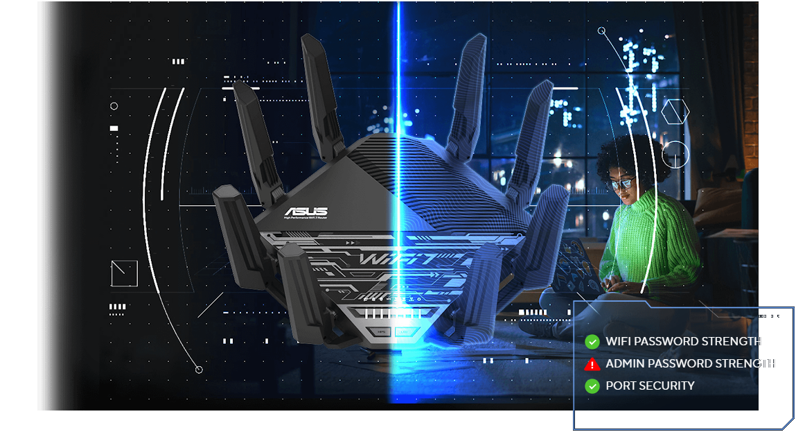 A girl using laptop relaxing in the background, in front of the image is a router, half scanned by FUI.