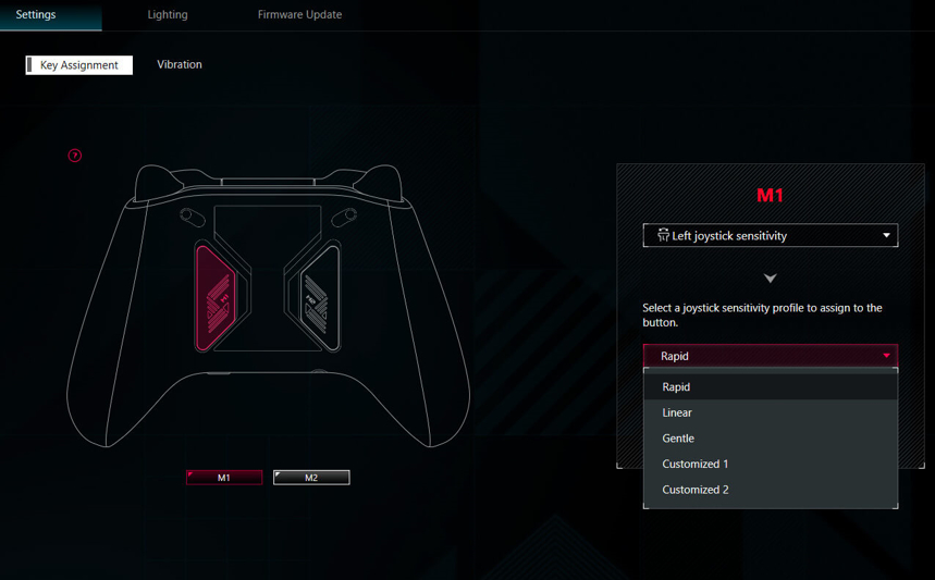 The key assignments Armoury Crate software interface for ROG Raikiri