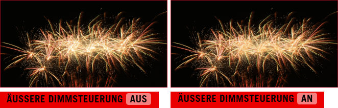Bild eines Feuerwerks gegen einen dunklen Himmel. / Bild eines Feuerwerks vor einem dunklen Himmel, wobei die Mitte des Feuerwerks abgedunkelt ist.