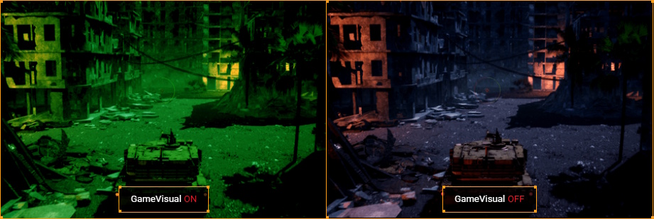 Monitor with Night Vision mode improves visibility in dark game scenes. Without Night Vision mode, dark areas appear less detailed.