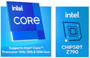 Supports Intel latest processors and chipset logo.