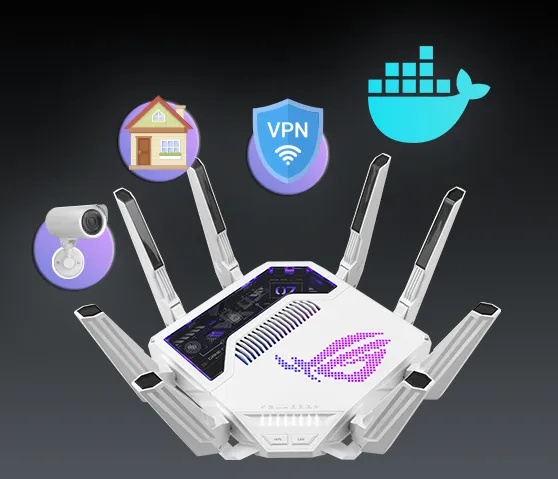 ASUS ROG Rapture GT-BE19000AI gaming router with icons for smart home, VPN security, surveillance camera, and Docker support