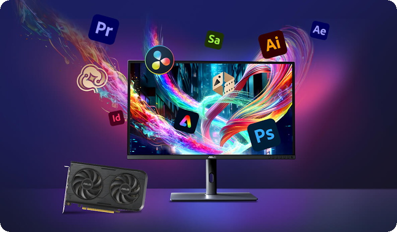 Monitor on a desk, with Adobe product logos floating around the monitor