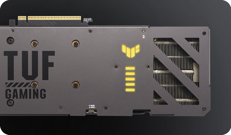 Angled closeup of the ASUS TUF Gaming GeForce RTX 5060 Ti graphics card, highlighting the ARGB elemen