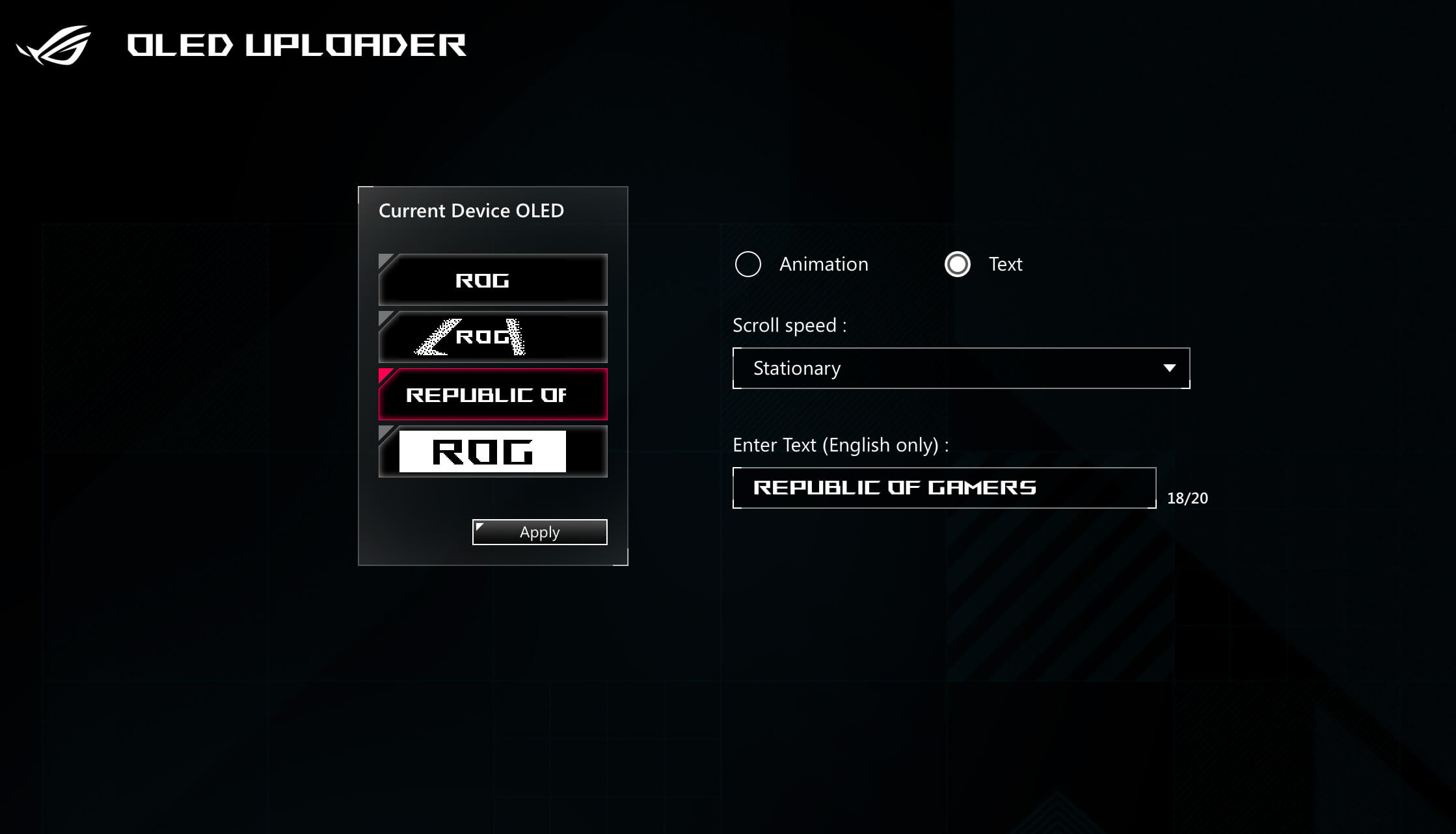 The OLED settings Armoury Crate software interface for ROG Raikiri