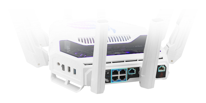 Rear view of ASUS ROG Rapture GT-BE19000AI gaming router showing USB ports, 2.5G port, and 10G gaming port