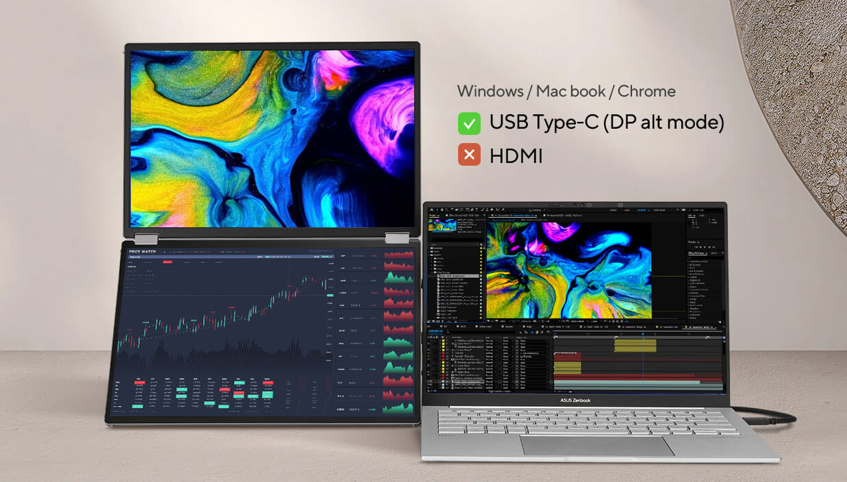 Ein Setup des MQ149CD, das mit einem USB-C2-Kabel an einen Laptop angeschlossen wird, um im geteilten Modus anzuzeigen