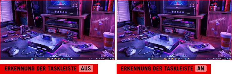 Vergleichsbild mit zwei Desktop-Screenshots. Das linke Bild zeigt eine Standard-Taskleiste, während das rechte Bild eine Taskleiste mit einem transparenten Effekt zeigt