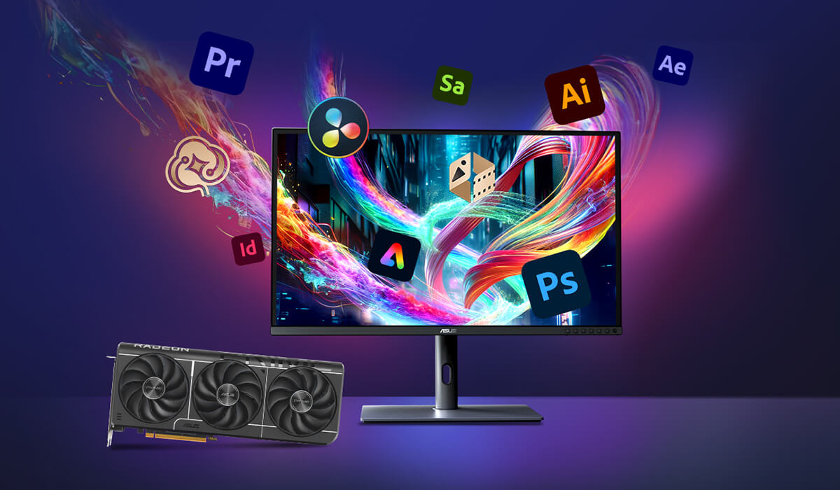 Monitor on a desk, with Adobe product logos floating around the monitor