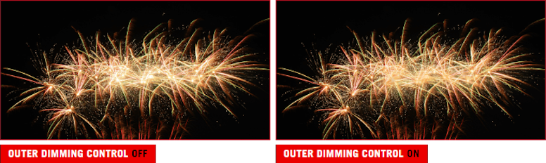 Image of fireworks against a dark sky. / Image of fireworks against a dark sky, with the center of the fireworks dimmed.