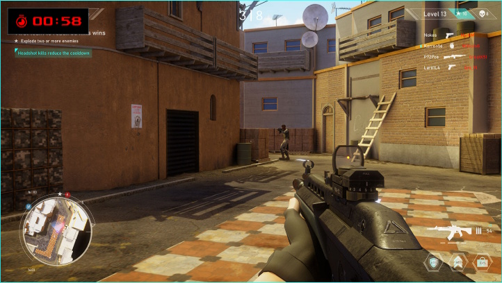 The FPS game scene; the Timer overlay can be seen on the upper-left corner of the screen