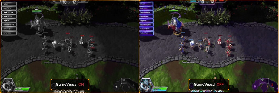 Monitor with moba mode enhances health/mana bar visibility. Without moba mode, health bars display standard colors.