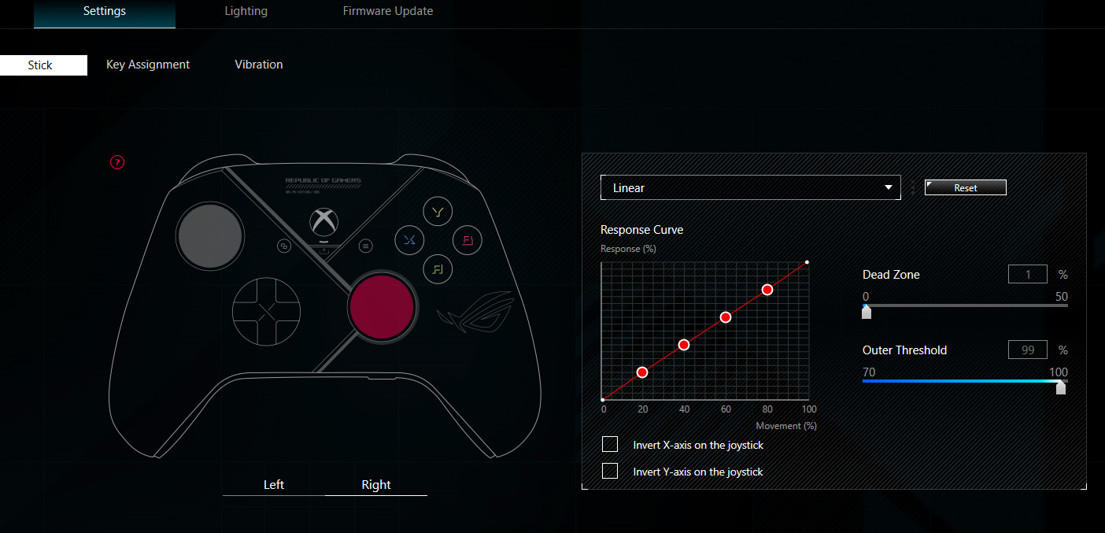 The joysticks settings Armoury Crate software interface for ROG Raikiri