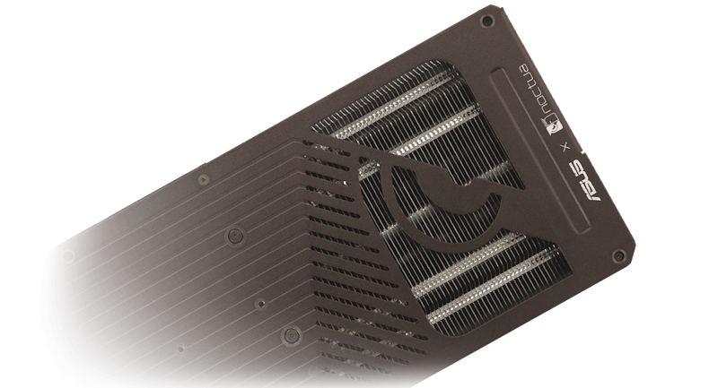Close-up view of an ASUS graphics card's protective metal backplate, featuring a vented design for improved heat dissipation and structural durability.