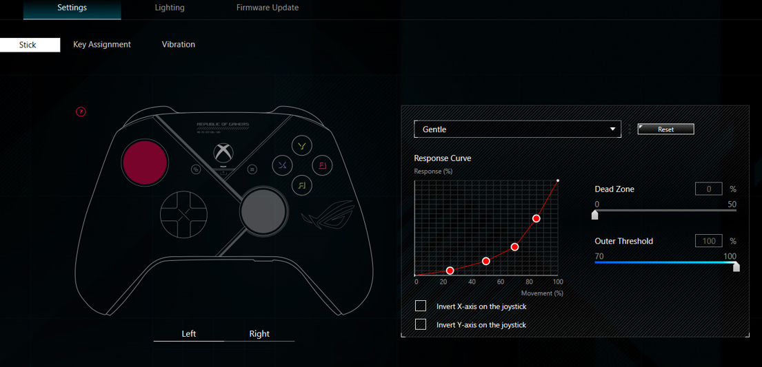 The joysticks settings Armoury Crate software interface for ROG Raikiri