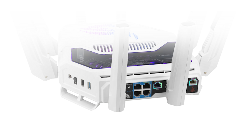 Rear view of ASUS ROG Rapture GT-BE19000AI gaming router showing USB ports, 2.5G port, and 10G gaming port