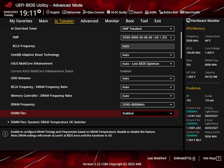 The UI of AI Tweaker at BIOS with DIMM Flex enabled