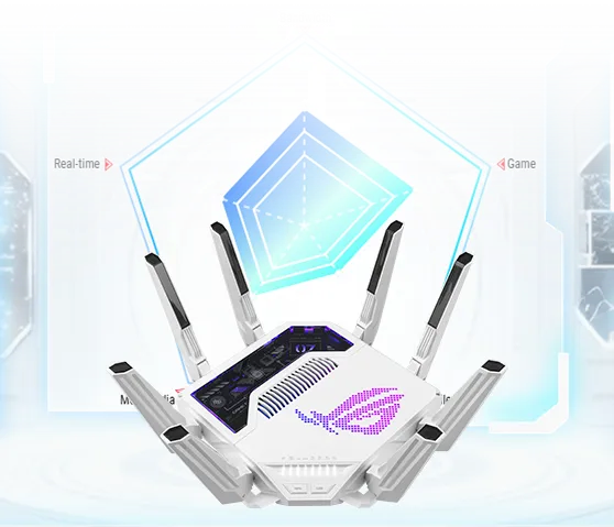 ASUS ROG Rapture GT-BE19000AI gaming router in front of a radar chart labeled Real-time and Game