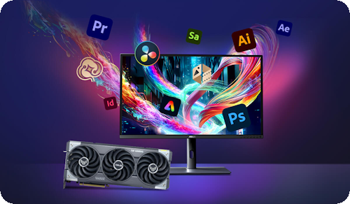 Monitor and TUF Gaming Radeon RX 9070 XT graphics card on a desk, with Adobe product logos floating around the monitor