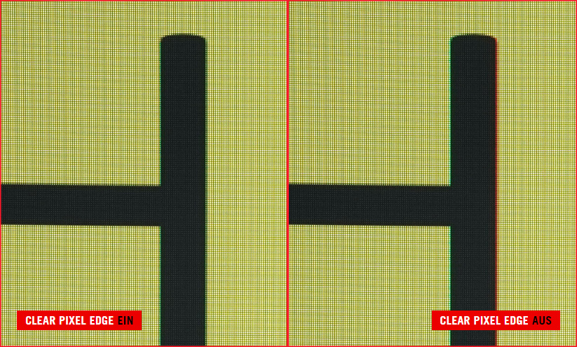 Die Kanten jedes einzelnen Buchstabens sind klar und scharf. / Die Ränder jedes einzelnen Buchstabens weisen rote und grüne Farbsäume auf