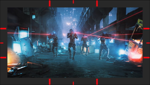 Four soldiers are shooting with lasers and there are three red short lines on each sides