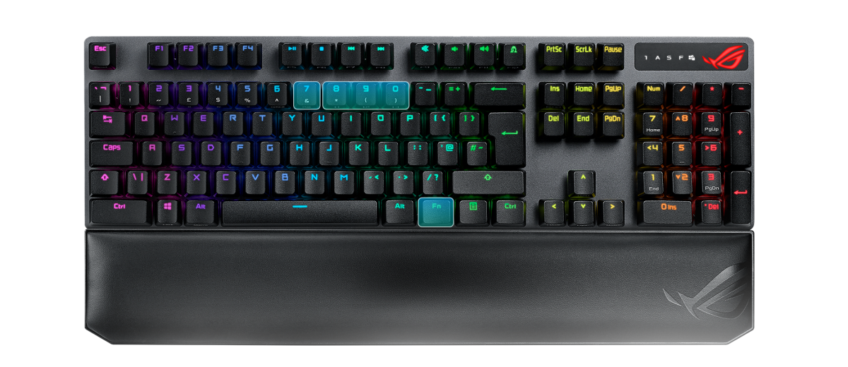 A close up picture of the ROG Strix Scope NX Wireless Deluxe, with the Fn Key and the number keys 7,8,9,0 highlighted