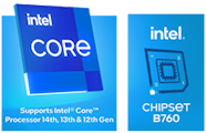 Supports Intel latest processors and chipset logo.
