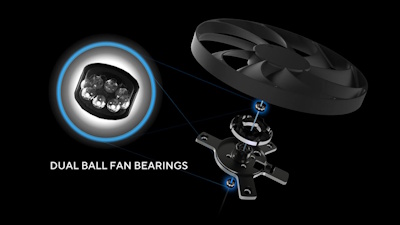 Exploded view of a graphics card fan showcasing dual ball fan bearings for enhanced durability and cooling performance.