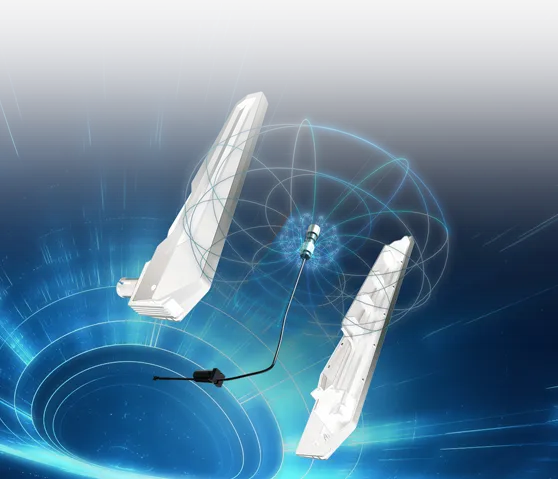 Close-up of ASUS ROG Rapture GT-BE19000AI router antennas with coaxial connector and blue signal effect