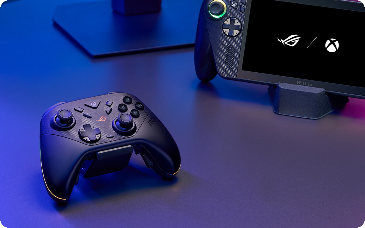 ROG RAIKIRI II Xbox Wireless with ROG monitor, ROG XBOX ALLY X, and Xbox console