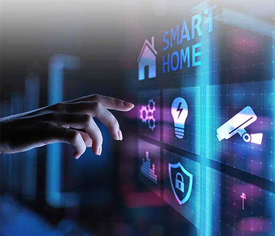 Hand pointing at digital smart home interface icons including light bulb, security camera, and shield