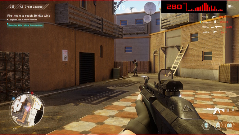 The FPS game scene; the FPS counter overlay can be seen on the upper-right corner of the screen