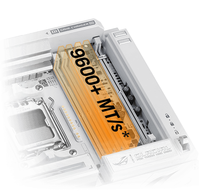 Mit dem ROG Crosshair X870E Glacial kannst du den Speicher auf bis zu 8600+ MT/s übertakten.