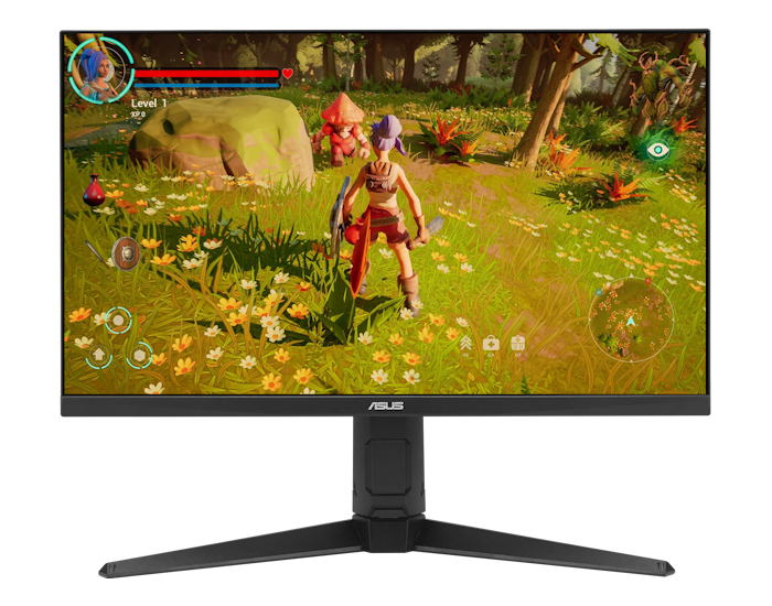 Third-person fantasy RPG gameplay showing a female character facing mushroom and forest creatures in a colorful woodland environment.