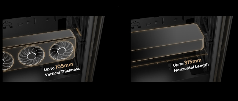 Darstellung der Grafikkartenkompatibilität mit einer Unterstützung von bis zu 105 mm Abstand