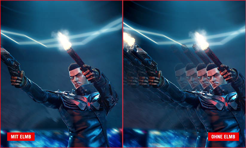 Ein scharfes, klares, bewegtes Bild einer Spielfigur, die zwei Waffen abfeuert / Ein Screenshot einer Spielfigur, die zwei Waffen abfeuert, das Bild zeigt erhebliche Bewegungsunschärfe