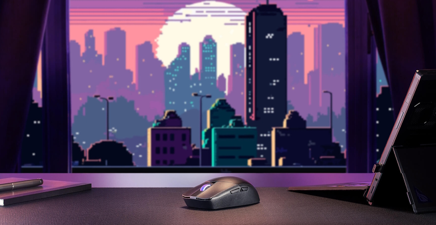 Die ROG Strix Impact III Wireless auf einem Tisch vor dem Hintergrund einer rosafarbenen Stadtsilhouette