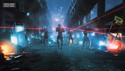 Four soldiers are shooting with lasers and there is a stopwatch on the upper-left corner