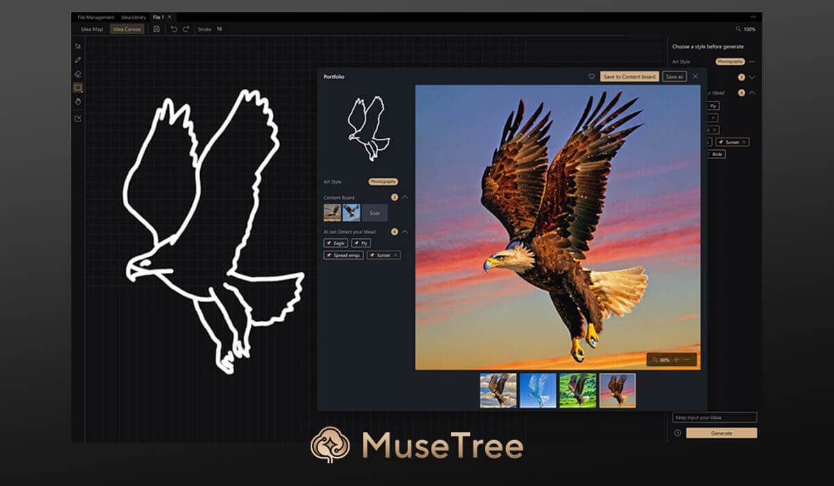 MuseTree UI showing an eagle sketch transformed into a realistic photo of a flying eagle at sunset.