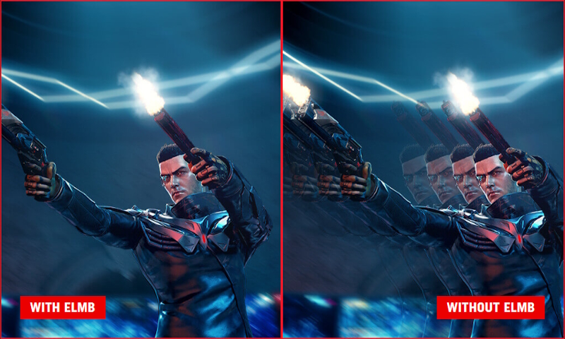 A crisp, clear moving visual of an in-game character firing two guns / A screengrab of an in-game character firing two guns, image shows considerable motion blu