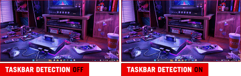 Comparison image showing two screenshots of deskto. The taskbar on left image is noraml; while the taskbar on the right comes with a transparent effect.