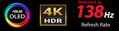 ASUS OLED-Symbol, 4K HDR Symbol, symbol für schnelle Bildwiederholfrequenz von 138 Hz